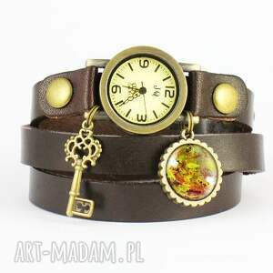 bransoletka, zegarek - jesienne liście brązowy, skórzany, grafika, retro