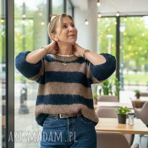Sweter Sofy alpaka wełna ręcznie robiony granat brąz handmade