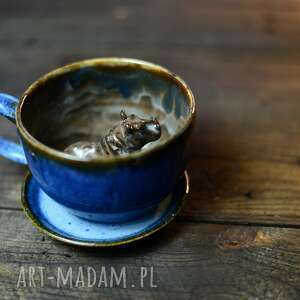 ceramiczna filiżanka z figurką hipopotama - niebieska 300 ml, ceramika