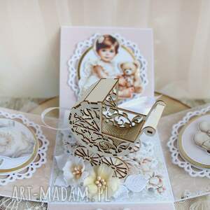 scrapbooking kartki exploding box na chrzest roczek narodziny beige baby gotowy