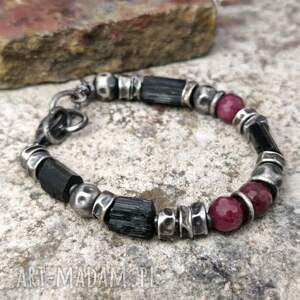 rubiny, czarny turmalin bransoleta męska, srebro oksydowane