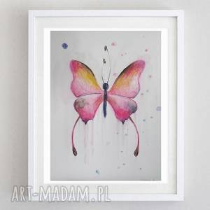 różowy motyl - akwarela formatu A5, papier, farba, kredki