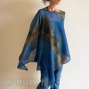 Lniane ponczo blue&brown - uniwersalna narzutka one size