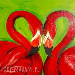 obraz akrylowy ręcznie malowany na płótnie, tyt heart, flamingi, zwierzę