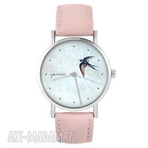 zegarki zegarek - jaskółka pudrowy róż, skórzany, pasek ptak