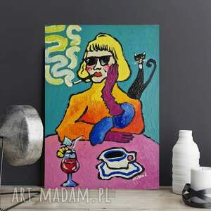 obraz olejny dama, kawa, drink i alibi obrazy olejne, karykatura babci