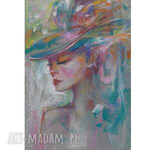 dama w kapeluszu sucha pastel, kobieta, kolorowy, ręcznie malowane