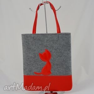 ręcznie wykonane na ramię duża szara torebka z czerwonym kotkiem - a4