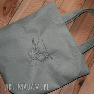 Torba na zakupy z haftem ptaszka - pojemna torba handmade