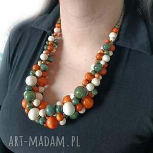 Naszyjnik drewniany duży masywny pomarańcz zieleń krem