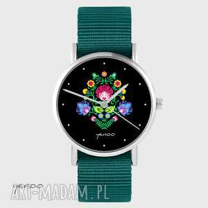 zegarki zegarek yenoo - folkowy, czarny morski, nato, pasek kwiaty, prezent