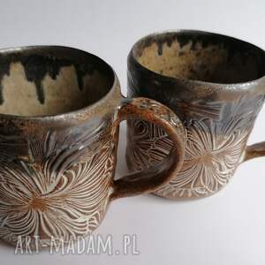 handmade ceramika dwa kubki "kwiatowo - karmelowo - złotawo"