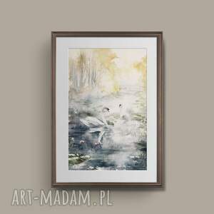 złota jesień nad wodą - akwarela z łabędziami pejzaż w zestawie białym