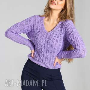 krótki sweter w warkoczowe wzory - swe260 lawendowy mkm długim rękawem
