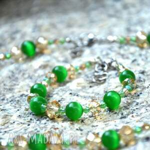 zielony komplet biżuterii z kocim okiem i koralikami szklanymi, delikatny zestaw