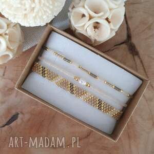 beżowo - kremowy zestaw bransoletek, biżuteria handmade, koraliki japońskie perła