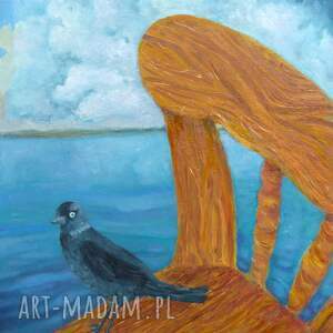 dekoracje kawka na krześle, pejzaż z wodą, spokojny pozytywny obraz, galeria