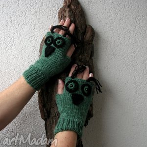 ręcznie wykonane rękawiczki zielone sówki