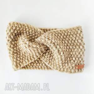 pomysł na prezent Beżowa opaska twist z wełny alpaki ręcznie robiona