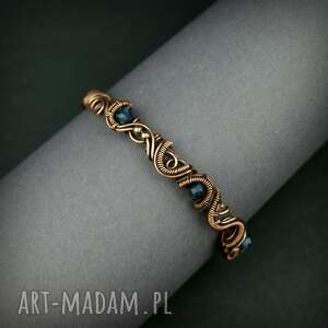 miedziana bransoleta mankietowa z szafirami, bransoletka szafirem, wire