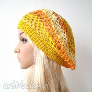 handmade czapki wiosenny ażurowy beret żółto - pomarańczowy