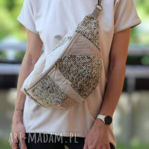 beżowa patchworkowa nerka xxl, mini plecak nerkoplecak na prezent, pluszowa