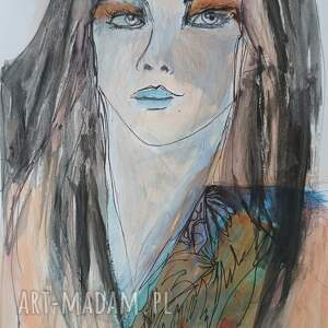 Modelka - ręcznie malowana grafika mixed media A4