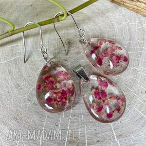 Komplet z wrzosami w transparentnych kroplach k624, kolczyki krople