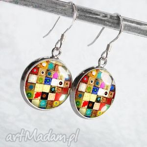 artistic mosaic krótkie eleganckie kolczyki z kolorowym oczkiem srebrne bigle srebro