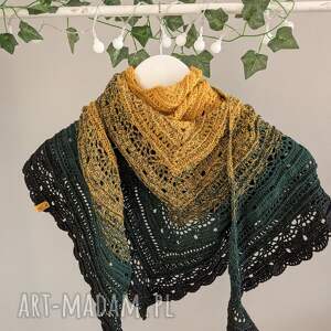 ręcznie robiona chusta szydełkowa - kokonek classic musztardowo zielona, prezent