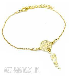 pozłacana bransoletka mały łapacz snów, boho, rozeta, piórko