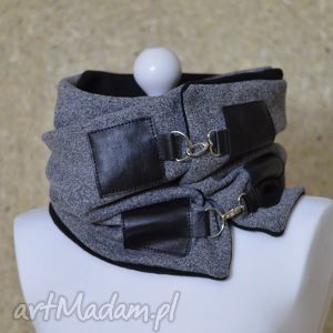 handmade szaliki szal ze skórą, komin unisex - szary i czarny