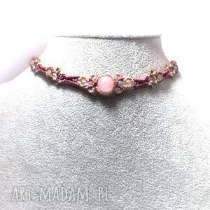 Prezent ARABELA kryształ górski w makramie naszyjnik choker różowy