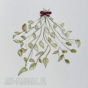 jemioła - akwarela A4 świąteczny obrazek, obraz akwarelowy, świąteczne