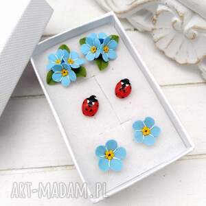 zestaw kolczyków sztyftów z niezapominajkami i biedronkami handmade stal