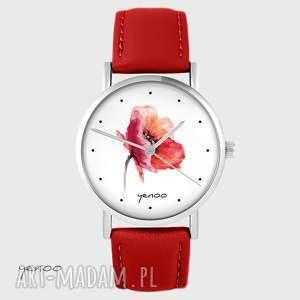 zegarki zegarek - mak skórzany, czerwony, pasek, kwiat prezent