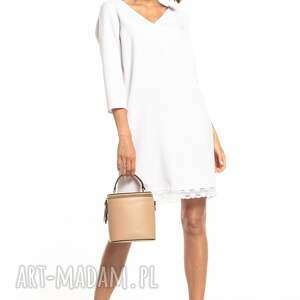 sukienki prosta elegancka sukienka z dekoltem V i koronką, t324, biała