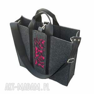 handmade torba filcowa XXL z organizerem - grafitowa - 2 w 1 - ażur fuksja