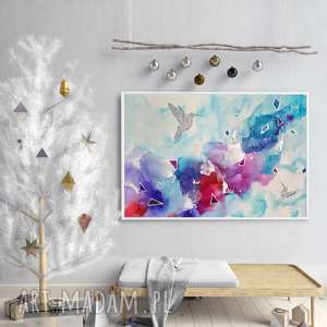 srebrne kolibry - ręcznie malowany obraz 100x70 cm salonu, pokoju