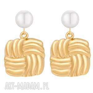 złote kolczyki perły z retro kwadratami, perłami, gavbari