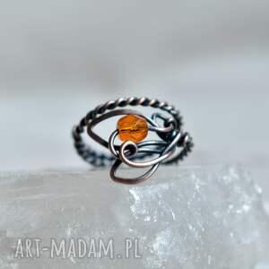 orange leaf - pierścionek z kryształkiem szklanym miedziana biżuteria