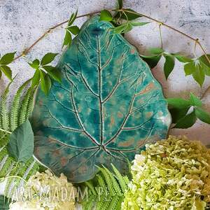 patera ceramiczna w kształcie liścia turkusie