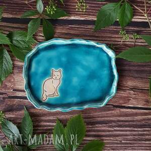 handmade ceramika turkusowa paterka z kotem