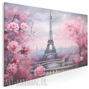 obraz na płótnie - różowe kwiaty wieża eiffla paryż - 120x80 cm