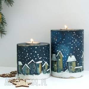 2 drewniane świeczniki malowanym pejzażem - miasteczko zasypane śniegiem