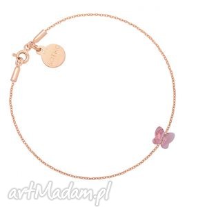 ręcznie wykonane bransoletka z różowego złota zdobiona różowym motylkiem swarovski®