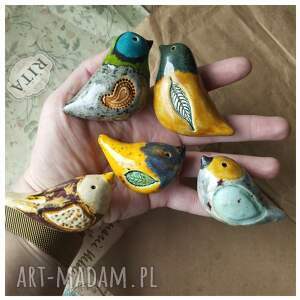 handmade ceramika ptaszki szaro - musztardowe