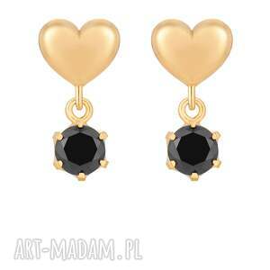 złote kolczyki serca z czarnymi cyrkoniami sercami, serduszkami