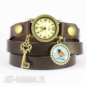 ręcznie wykonane bransoletka, zegarek - kolorowy ptak - brązowy, skórzany