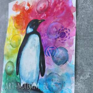 biało-czarna tęcza obraz akwarela pingwin przewodnik duchowy czakry 21x30